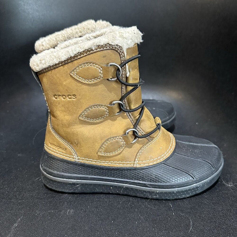 CROCS Kids Duck Boots Brown Black Waterproof Faux Fur Lined Elastic Lace Up  J1